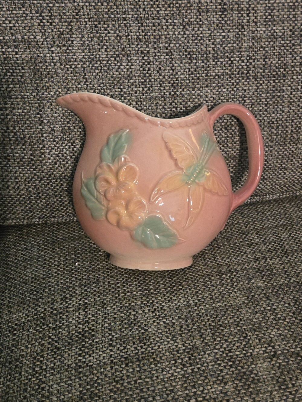 Vintage  Wall Pocket Pink Floral Butterfly Ceramic Pitcher - Decorative Home Art